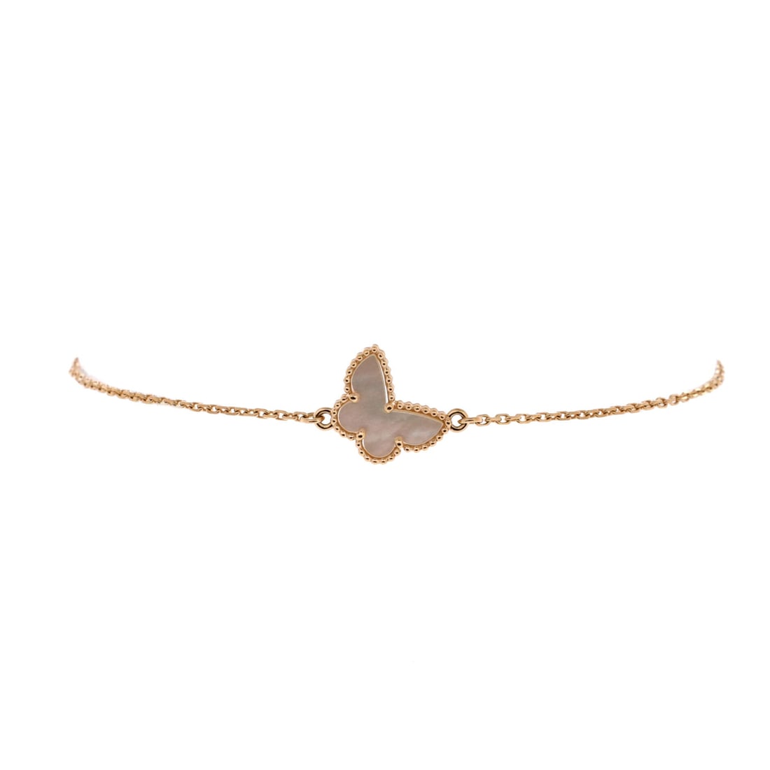 Van Cleef & Arpels Sweet Alhambra Butterfly Bracelet 18K Yellow Gold and Mother of Pearl: Sculpted in yellow gold, the Van Cleef & Arpels Sweet Alhambra Butterfly Bracelet brings considered proportion to a forearm-anchoring statement. Worked in 18K Yellow Gold and Mother of Pearl. Its band