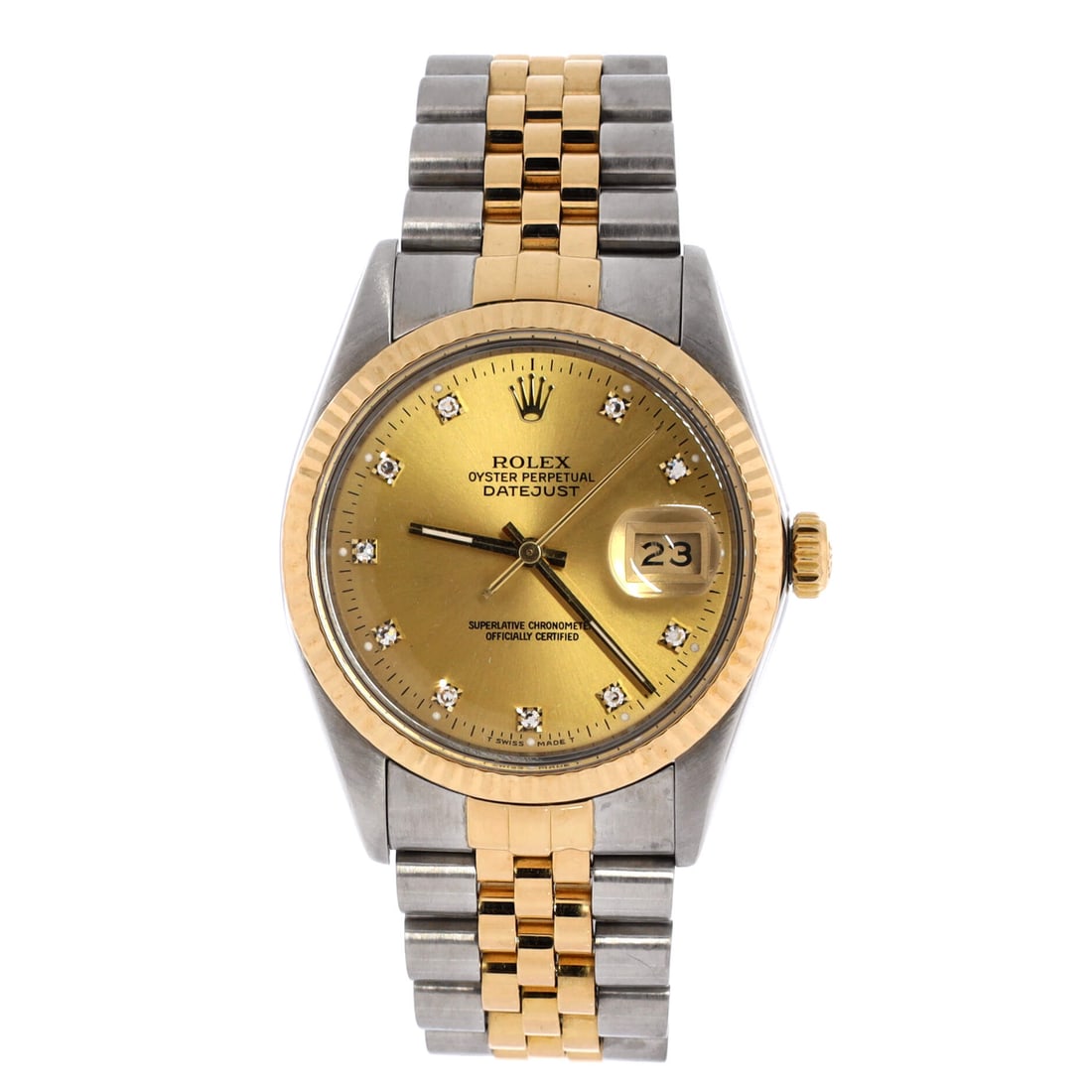 Rolex Oyster Perpetual Datejust Automatic Watch 36: Drawn in polished metal, the Rolex Oyster Perpetual Datejust Automatic Watch balances daily wearability with collector pedigree. Worked in Stainless Steel and Yellow Gold with Diamond Markers. On the 