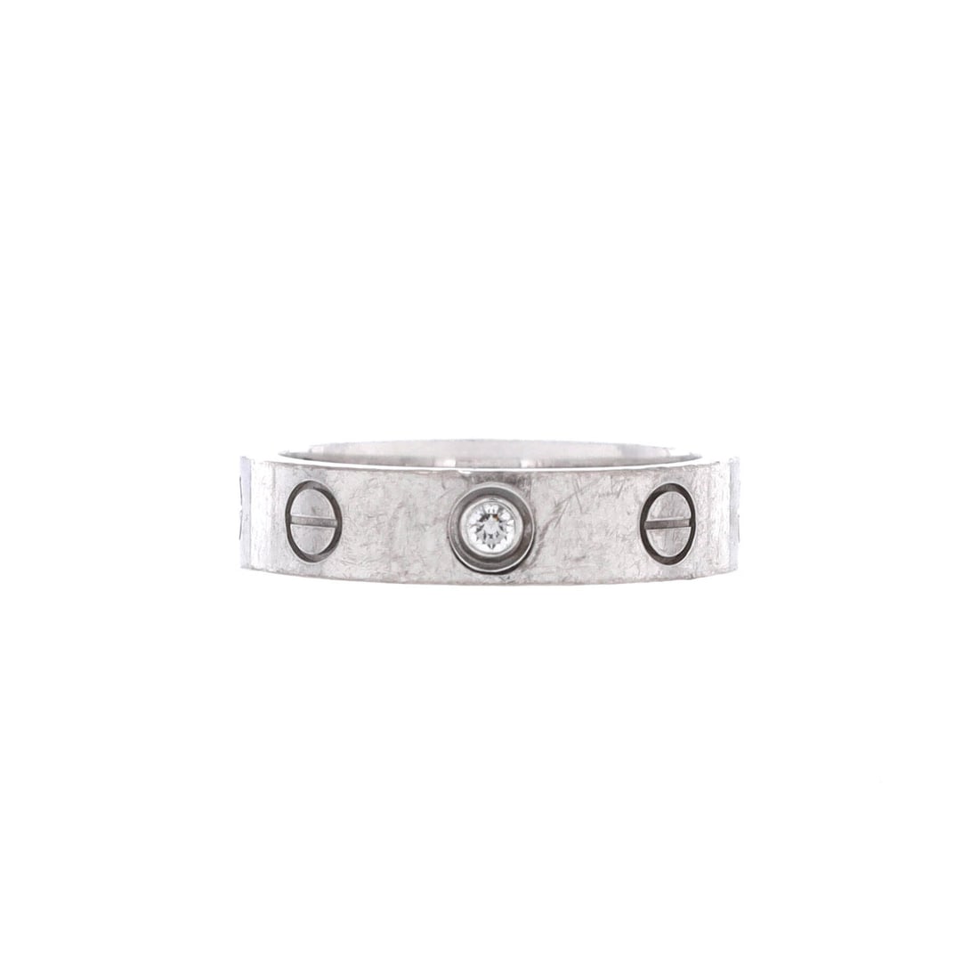 Cartier Love Wedding Band 1 Diamond Ring 18K White Gold with Diamond 4-47: Polished in white gold, the Cartier Love Wedding Band 1 Diamond Ring brings a precise sense of mass to a daily stack. Worked in 18K White Gold with Diamond. Mass-wise it lands in the comfortable mid-w