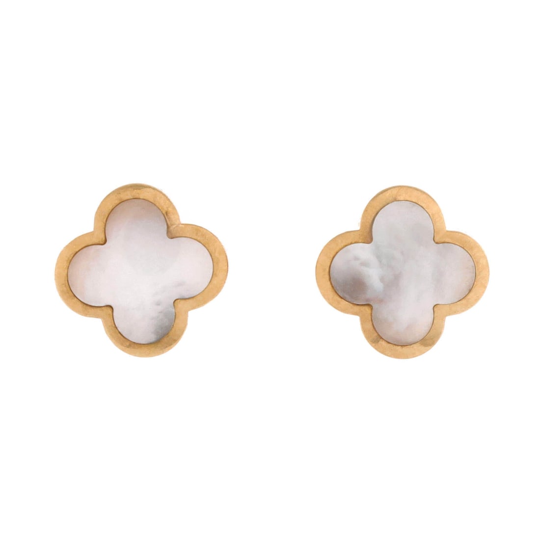 Van Cleef & Arpels Pure Alhambra Stud Earrings 18K Yellow Gold and Mother of Pearl: Face-framing, the Van Cleef & Arpels Pure Alhambra Stud Earrings threads a discreetly captivating drop. Worked in 18K Yellow Gold and Mother of Pearl. Sized at 11.15 by 11.15 inches, the proportion re