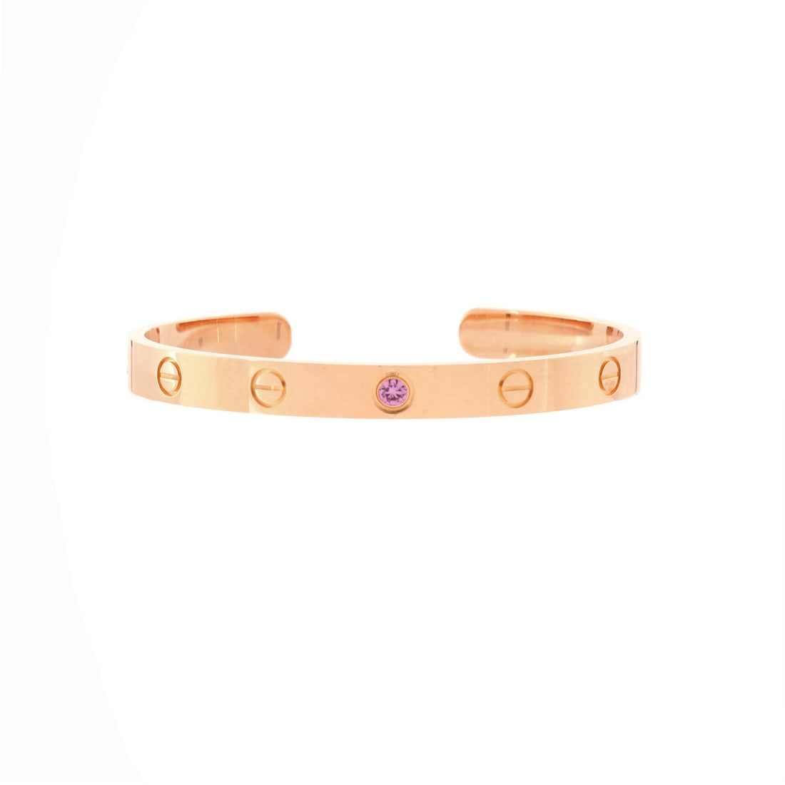 Cartier Love Cuff Bracelet 18K Rose Gold with Pink Sapphire: Worked in rose gold, the Cartier Love Cuff Bracelet balances visual weight against an easy, everyday fit. Worked in 18K Rose Gold with Pink Sapphire. The articulation traces the wrist closely, so it l