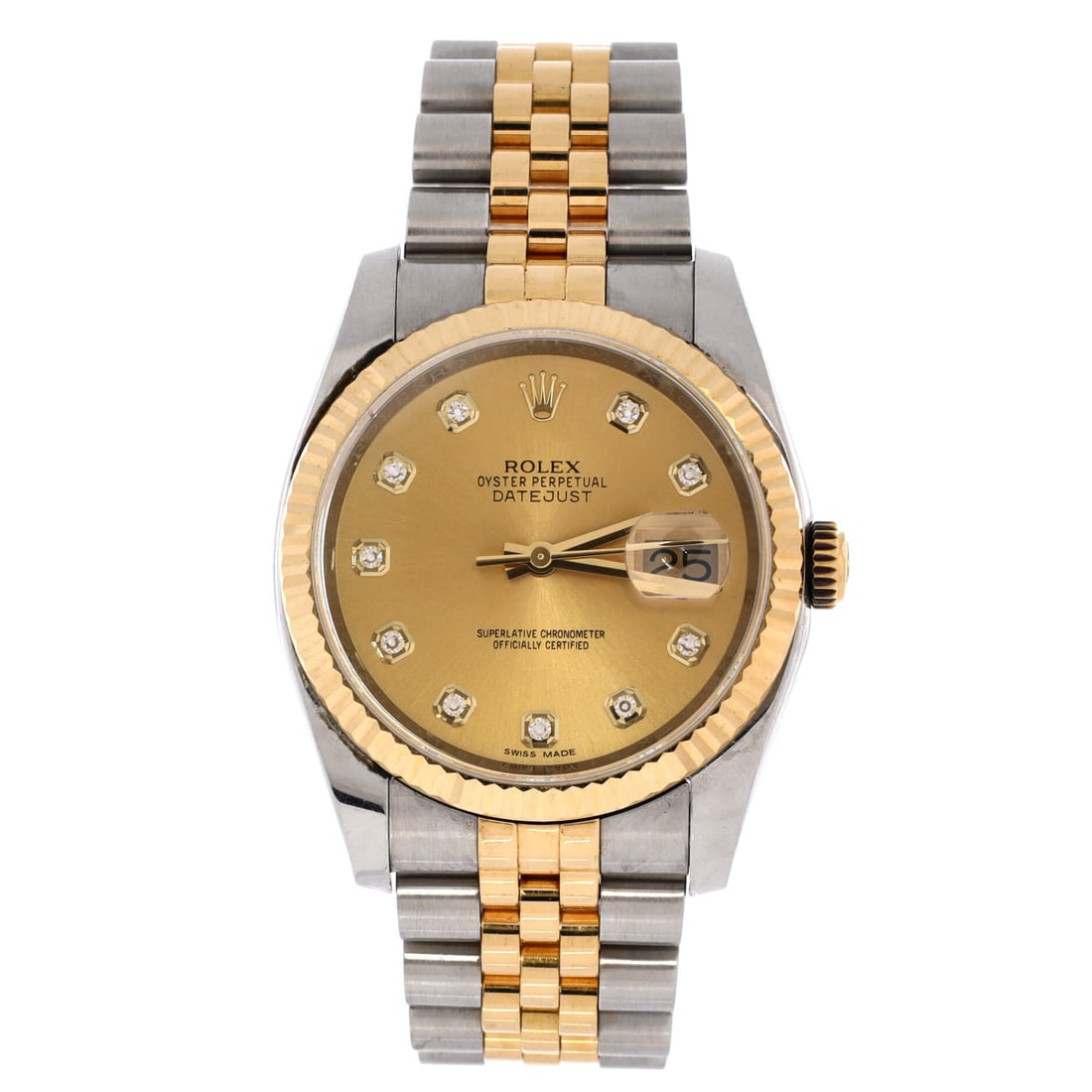 Rolex Oyster Perpetual Datejust Automatic Watch 36: Bracelet-led, the Rolex Oyster Perpetual Datejust Automatic Watch translates tool-watch heritage into daily-wear polish. Worked in Stainless Steel and Yellow Gold with Diamond Markers. The case propor