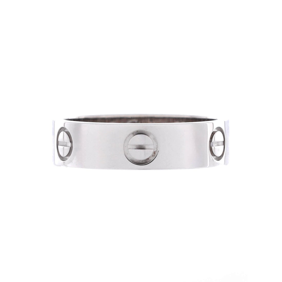 Cartier Love Band Ring 18K White Gold 8.25-58: Rendered in white gold, the Cartier Love Band Ring brings a precise sense of mass to a daily stack. Worked in 18K White Gold. Its finger-print reads sculptural rather than oversized, which keeps the s