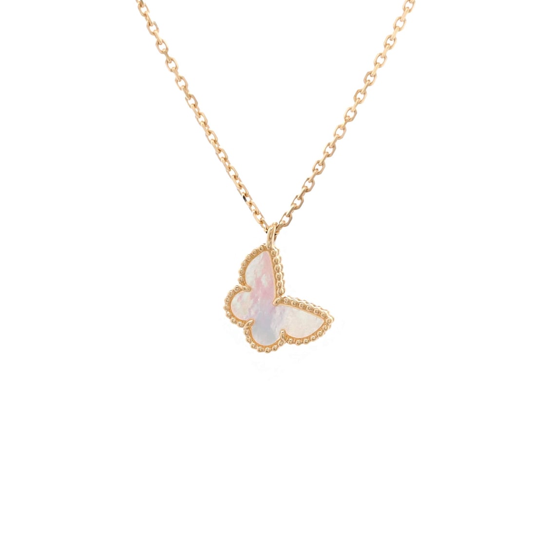 Van Cleef & Arpels Sweet Alhambra Butterfly Pendant Necklace 18K Yellow Gold and Mother of Pearl: Anchored in yellow gold, the Van Cleef & Arpels Sweet Alhambra Butterfly Pendant Necklace carries its motif with quiet authority. Worked in 18K Yellow Gold and Mother of Pearl. The drop sits exactly a