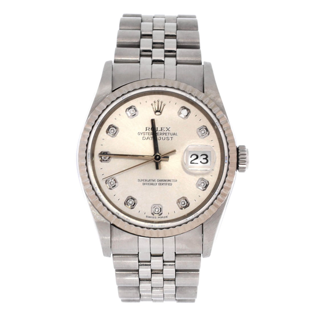 Rolex Oyster Perpetual Datejust Automatic Watch 36: House-polished, the Rolex Oyster Perpetual Datejust Automatic Watch reads on the wrist with precise case presence and house-trained legibility. Worked in Stainless Steel and White Gold with Diamond Ma