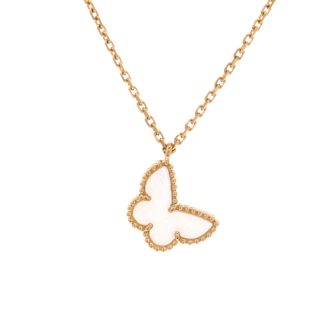 Van Cleef & Arpels Sweet Alhambra Butterfly Pendant Necklace 18K Yellow Gold and Mother of Pearl: Built for the collarbone, the Van Cleef & Arpels Sweet Alhambra Butterfly Pendant Necklace translates a house signature into a wearable line. Worked in 18K Yellow Gold and Mother of Pearl. The chain l