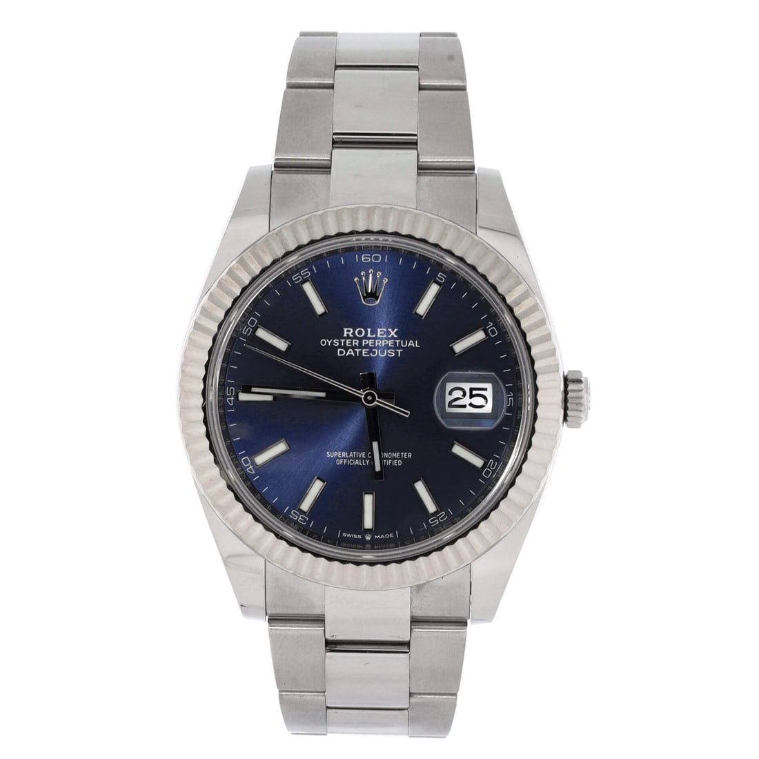 Rolex Oyster Perpetual Datejust Automatic Watch Stainless Steel and White Gold 41: Cased in polished metal, the Rolex Oyster Perpetual Datejust Automatic Watch reads on the wrist with precise case presence and house-trained legibility. Worked in Stainless Steel and White Gold. Its c