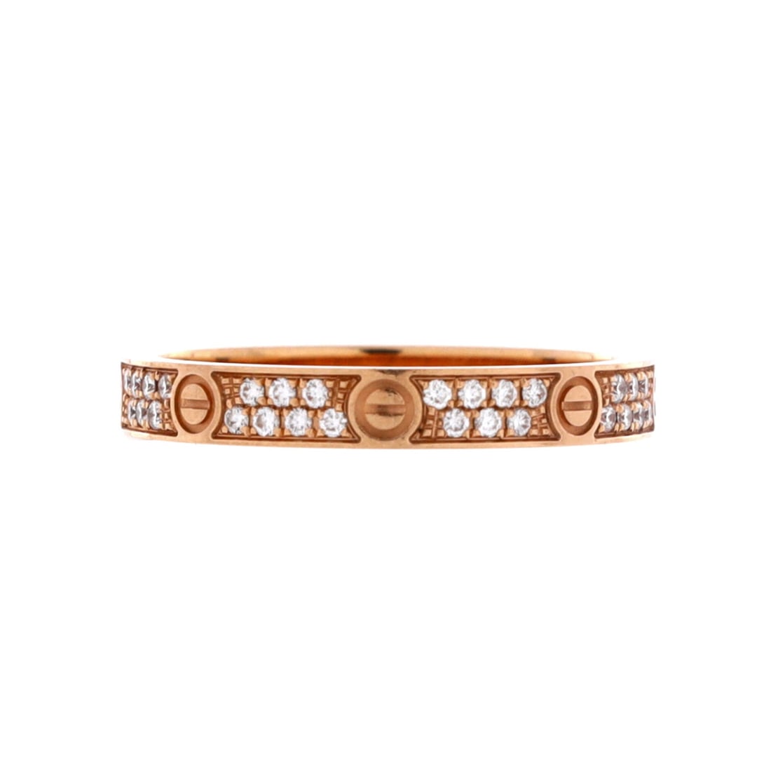 Cartier Love Wedding Band Pave Diamonds Ring 18K Rose Gold and Diamonds Small: Polished in rose gold, the Cartier Love Wedding Band Pave Diamonds Ring layers neatly with other house signatures. Worked in 18K Rose Gold and Diamonds. Mass-wise it lands in the comfortable mid-weigh
