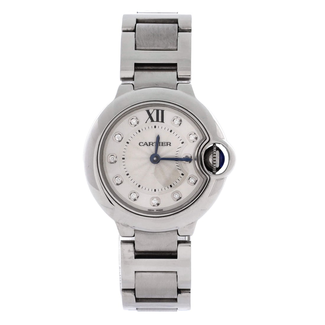 Cartier Ballon Bleu de Cartier Quartz Watch Stainless Steel with Diamond Markers 28: Rendered in polished metal, the Cartier Ballon Bleu de Cartier Quartz Watch carries its dial with editorial calm and sport-watch confidence. Worked in Stainless Steel with Diamond Markers. On the wris