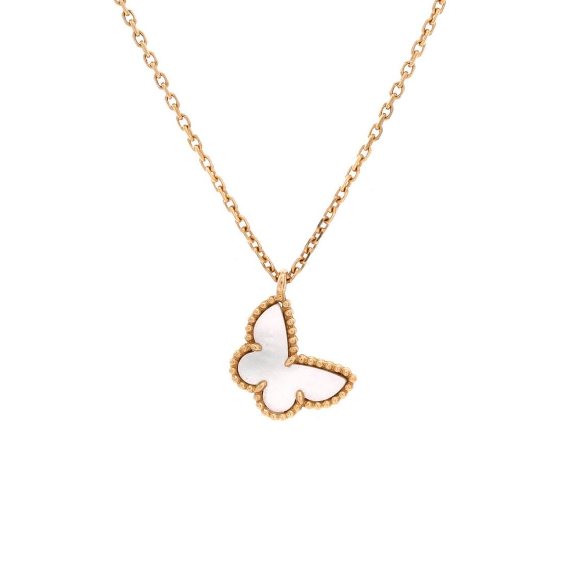 Van Cleef & Arpels Sweet Alhambra Butterfly Pendant Necklace 18K Yellow Gold and Mother of Pearl: Linked with care, the Van Cleef & Arpels Sweet Alhambra Butterfly Pendant Necklace pulls focus to the collarbone with composed restraint. Worked in 18K Yellow Gold and Mother of Pearl. Its proportions