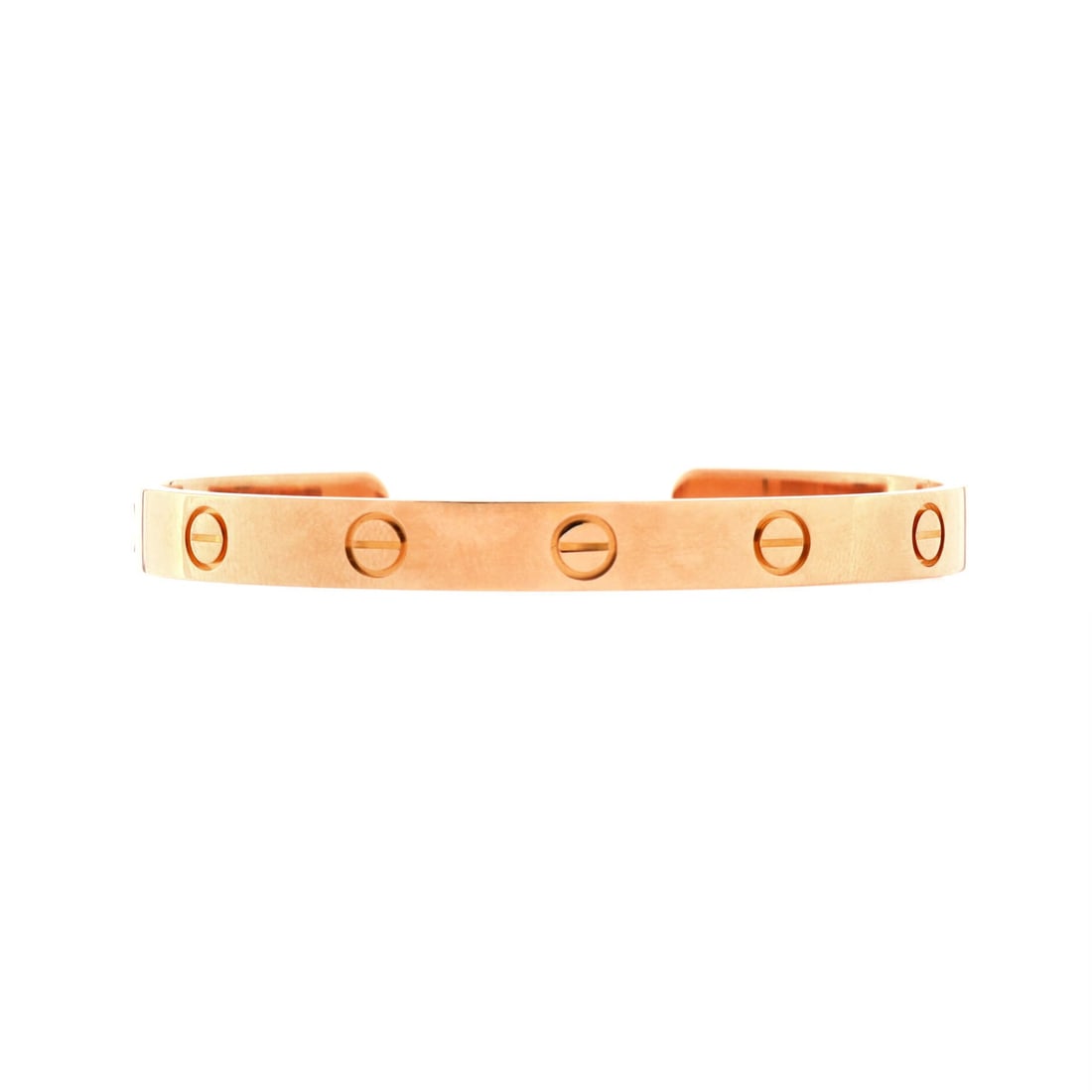 Cartier Love Cuff Bracelet 18K Rose Gold: Worked in rose gold, the Cartier Love Cuff Bracelet balances visual weight against an easy, everyday fit. Worked in 18K Rose Gold. The articulation traces the wrist closely, so it lays flat rather tha