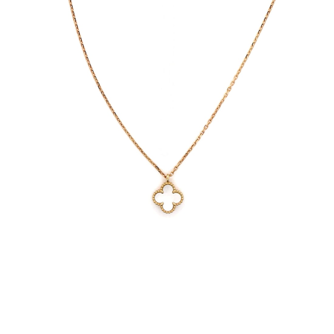 Van Cleef & Arpels Sweet Alhambra Pendant Necklace 18K Yellow Gold and Mother of Pearl: Crisply drawn, the Van Cleef & Arpels Sweet Alhambra Pendant Necklace threads its motif from clasp to charm with a single fluent gesture. Worked in 18K Yellow Gold and Mother of Pearl. Its proportions