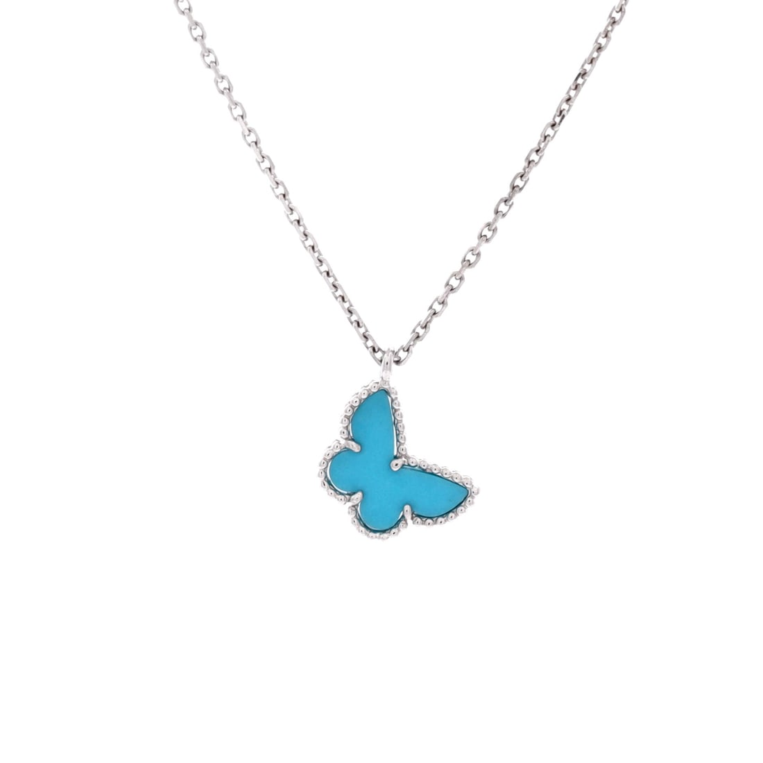 Van Cleef & Arpels Sweet Alhambra Butterfly Pendant Necklace 18K White Gold with Turquoise: Editorial-calm, the Van Cleef & Arpels Sweet Alhambra Butterfly Pendant Necklace carries its motif with quiet authority. Worked in 18K White Gold with Turquoise. The drop sits exactly at the spot a th