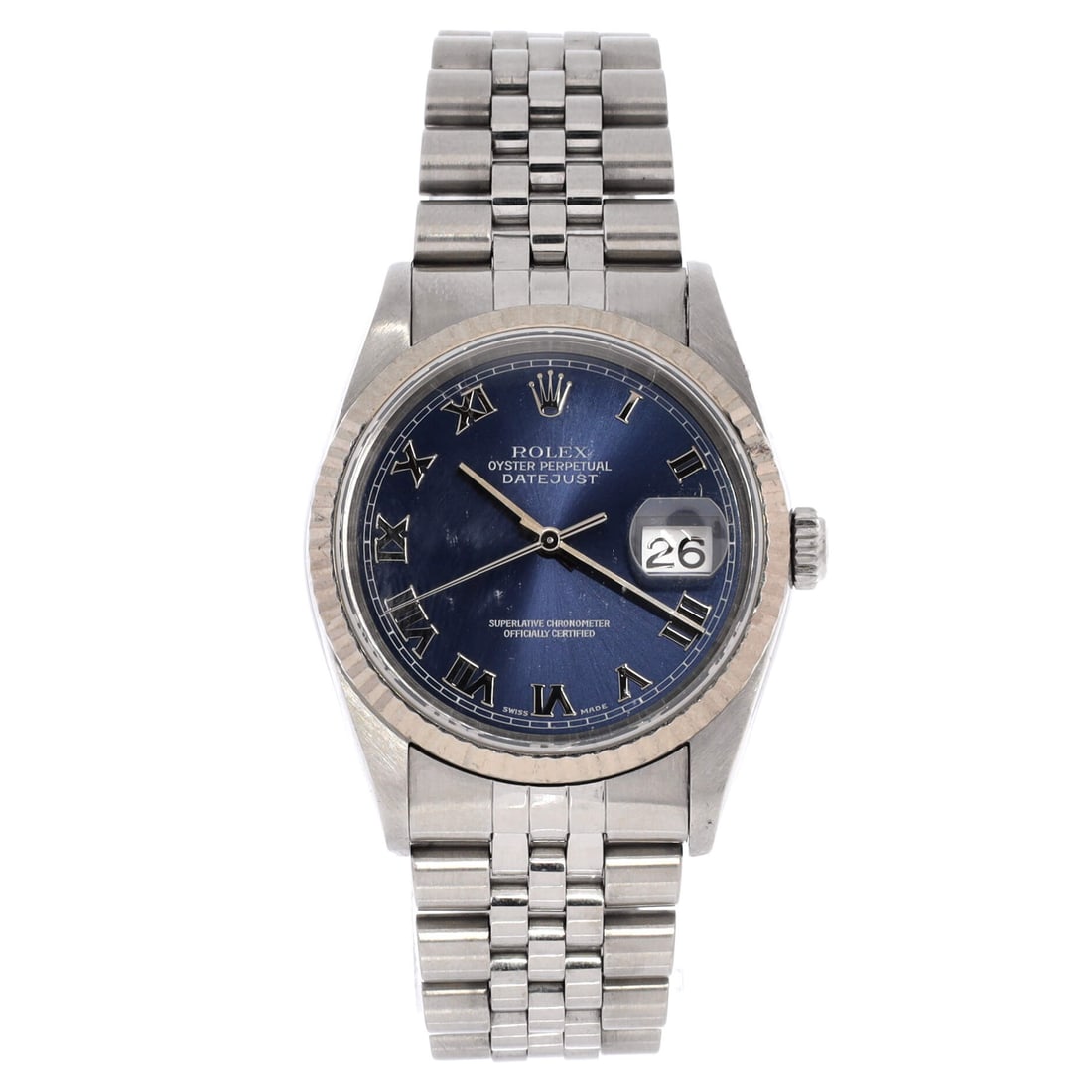 Rolex Oyster Perpetual Datejust Automatic Watch Stainless Steel and White Gold 36: Crisp on the wrist, the Rolex Oyster Perpetual Datejust Automatic Watch reads on the wrist with precise case presence and house-trained legibility. Worked in Stainless Steel and White Gold. The case p
