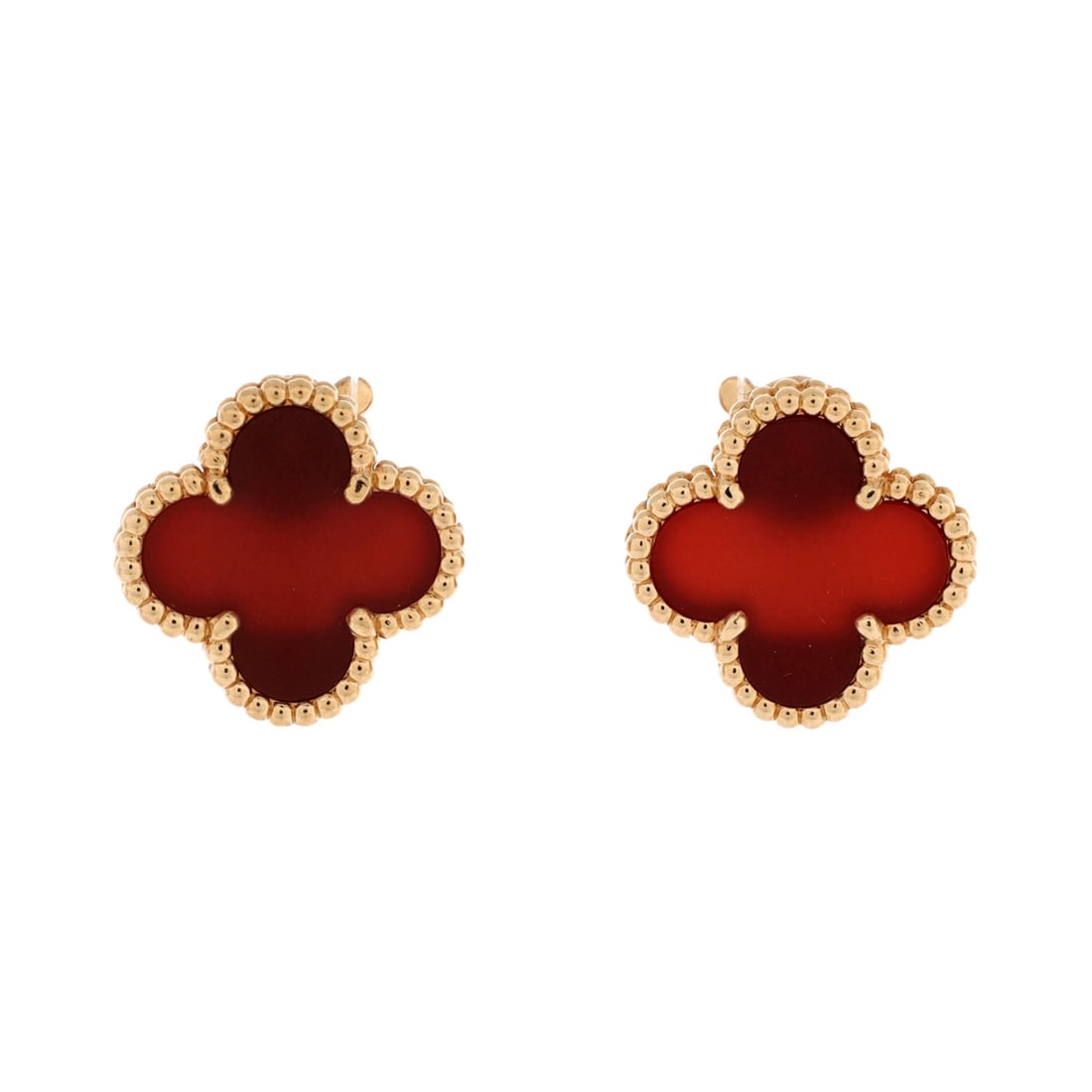 Van Cleef & Arpels Vintage Alhambra Earrings 18K Yellow Gold and Carnelian: Face-framing, the Van Cleef & Arpels Vintage Alhambra Earrings pairs sculptural calm with house-signature lift. Worked in 18K Yellow Gold and Carnelian. Sized at 15.1 by 15.3 inches, the proportion re