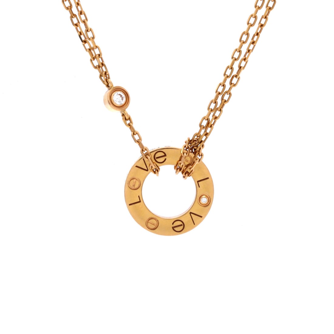 Cartier 2 Diamonds Love Pendant Necklace 18K Rose Gold and Diamonds: Anchored in rose gold, the Cartier 2 Diamonds Love Pendant Necklace reads as both ornament and quiet emblem. Worked in 18K Rose Gold and Diamonds. The drop sits exactly at the spot a thoughtful piece 