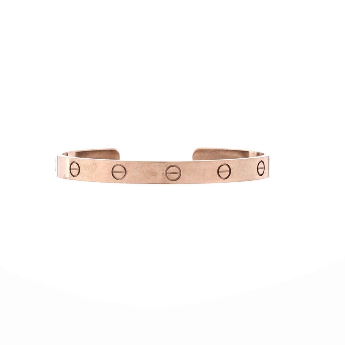 Cartier Love Cuff Bracelet 18K White Gold: Polished in white gold, the Cartier Love Cuff Bracelet pairs a controlled silhouette with the supple movement of a well-built bangle. Worked in 18K White Gold. The articulation traces the wrist closel