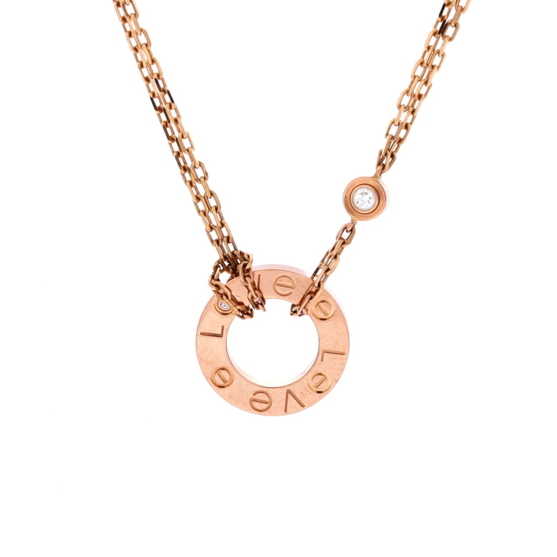 Cartier 2 Diamonds Love Pendant Necklace 18K Rose Gold and Diamonds: Drawn in rose gold, the Cartier 2 Diamonds Love Pendant Necklace carries its motif with quiet authority. Worked in 18K Rose Gold and Diamonds. The drop sits exactly at the spot a thoughtful piece is m
