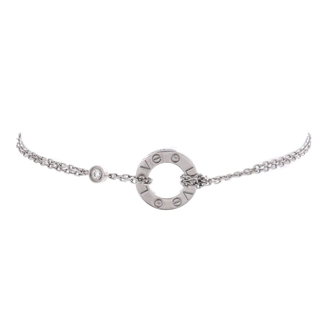 Cartier 2 Diamonds Love Bracelet 18K White Gold with Diamonds: Wrought in white gold, the Cartier 2 Diamonds Love Bracelet layers neatly under a sleeve and still reads from across the room. Worked in 18K White Gold with Diamonds. Its band proportion reads as subs