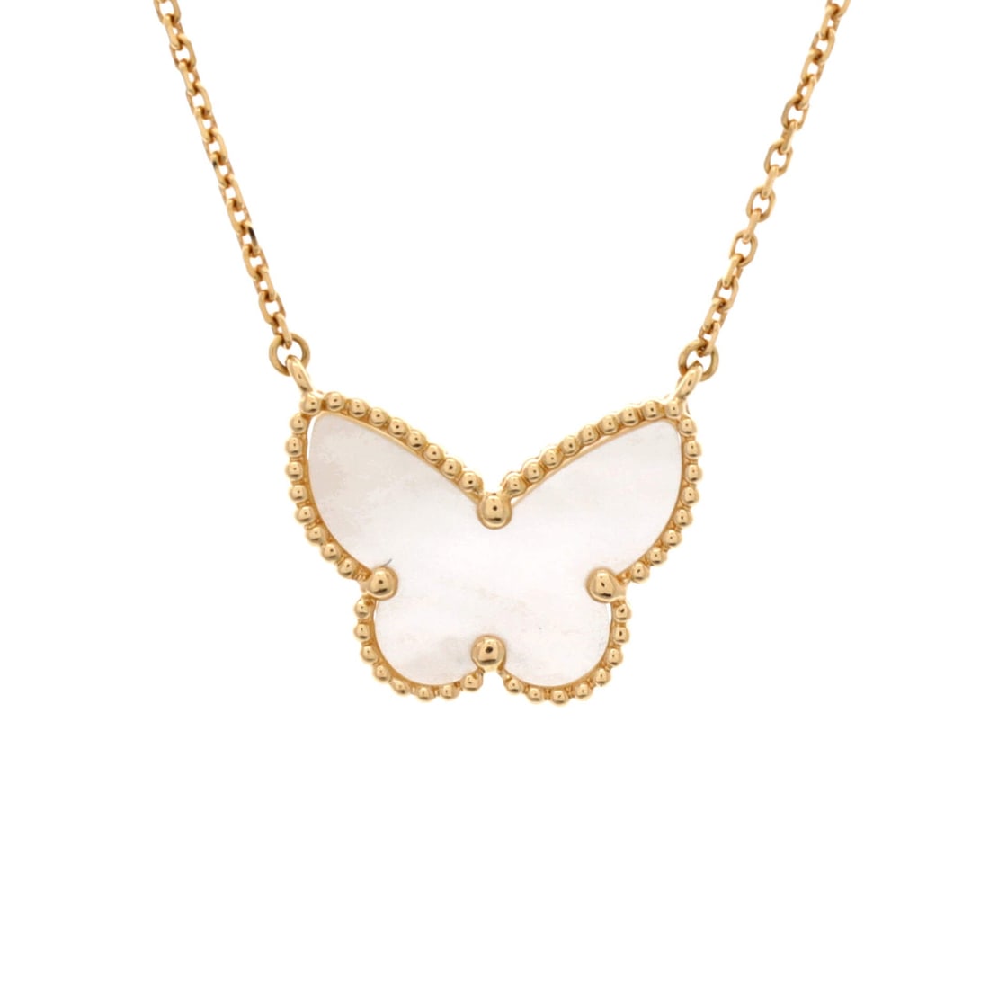 Van Cleef & Arpels Lucky Alhambra Butterfly Pendant Necklace 18K Yellow Gold with Mother of Pearl: Presented in yellow gold, the Van Cleef & Arpels Lucky Alhambra Butterfly Pendant Necklace balances proportion with a piece-of-jewelry confidence. Worked in 18K Yellow Gold with Mother of Pearl. Its p