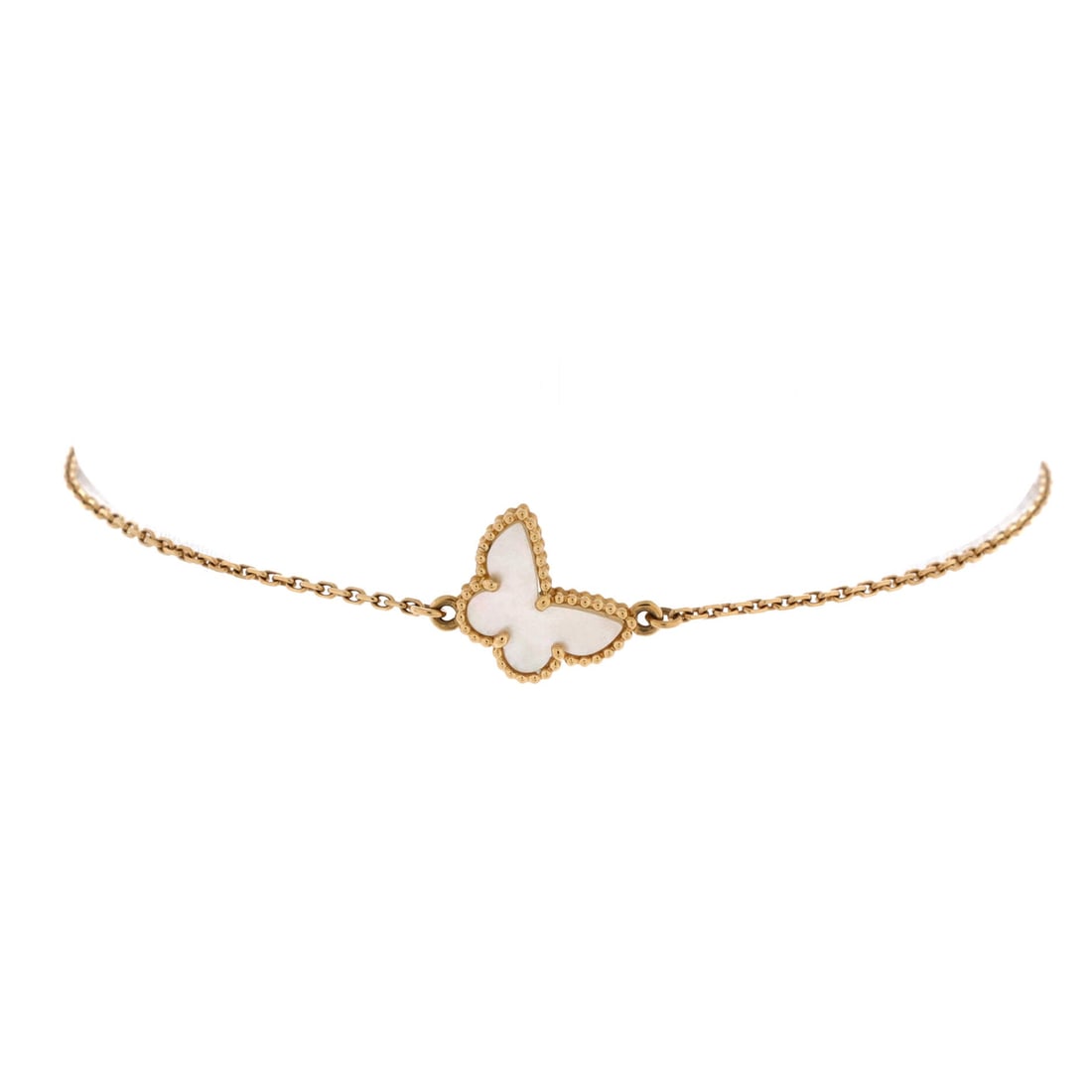 Van Cleef & Arpels Sweet Alhambra Butterfly Bracelet 18K Yellow Gold and Mother of Pearl: Polished in yellow gold, the Van Cleef & Arpels Sweet Alhambra Butterfly Bracelet translates house code into daily wear. Worked in 18K Yellow Gold and Mother of Pearl. The wrist fit is tuned for daily