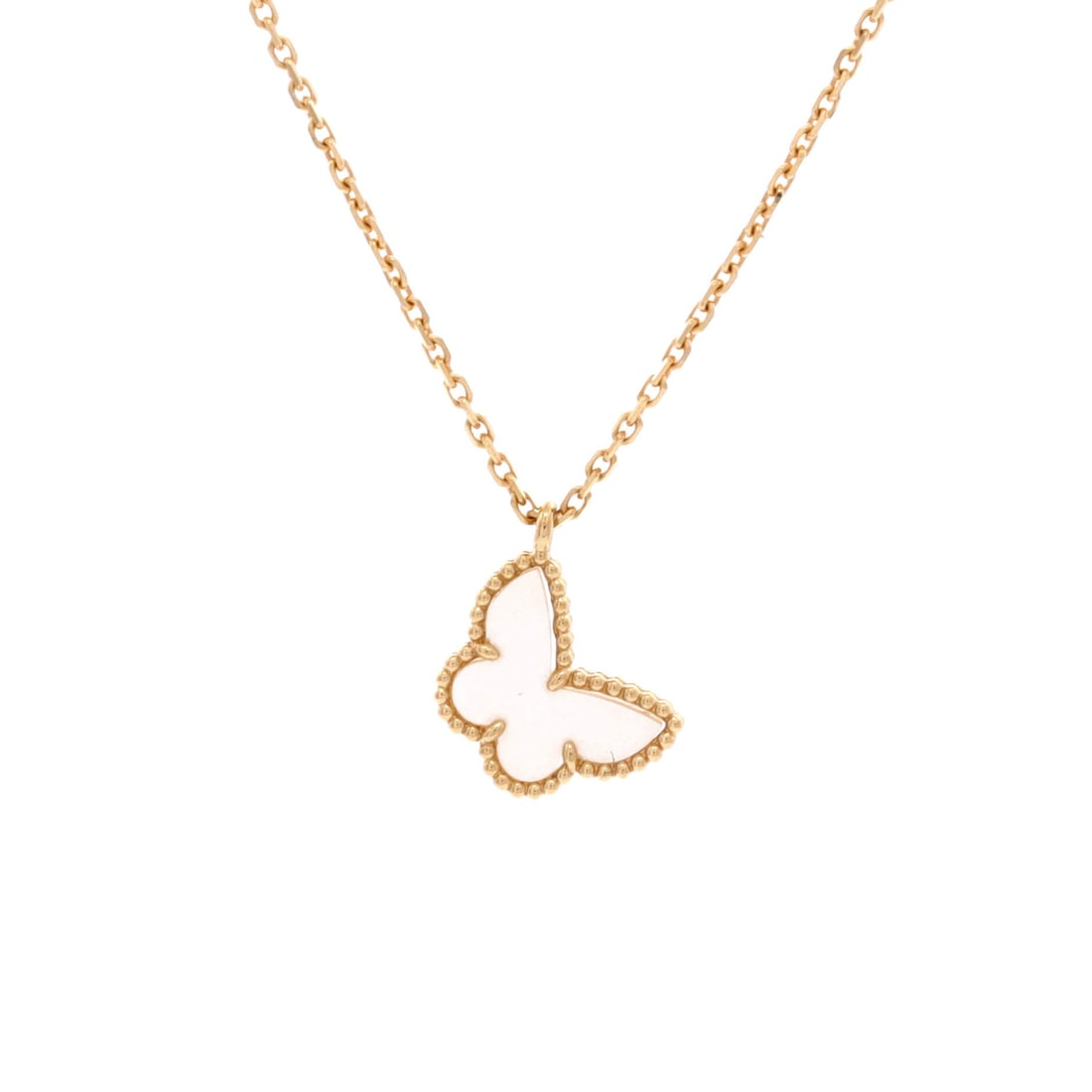 Van Cleef & Arpels Sweet Alhambra Butterfly Pendant Necklace 18K Yellow Gold and Mother of Pearl: Editorial-calm, the Van Cleef & Arpels Sweet Alhambra Butterfly Pendant Necklace sits exactly where a thoughtful piece is meant to land. Worked in 18K Yellow Gold and Mother of Pearl. Scale-wise it li