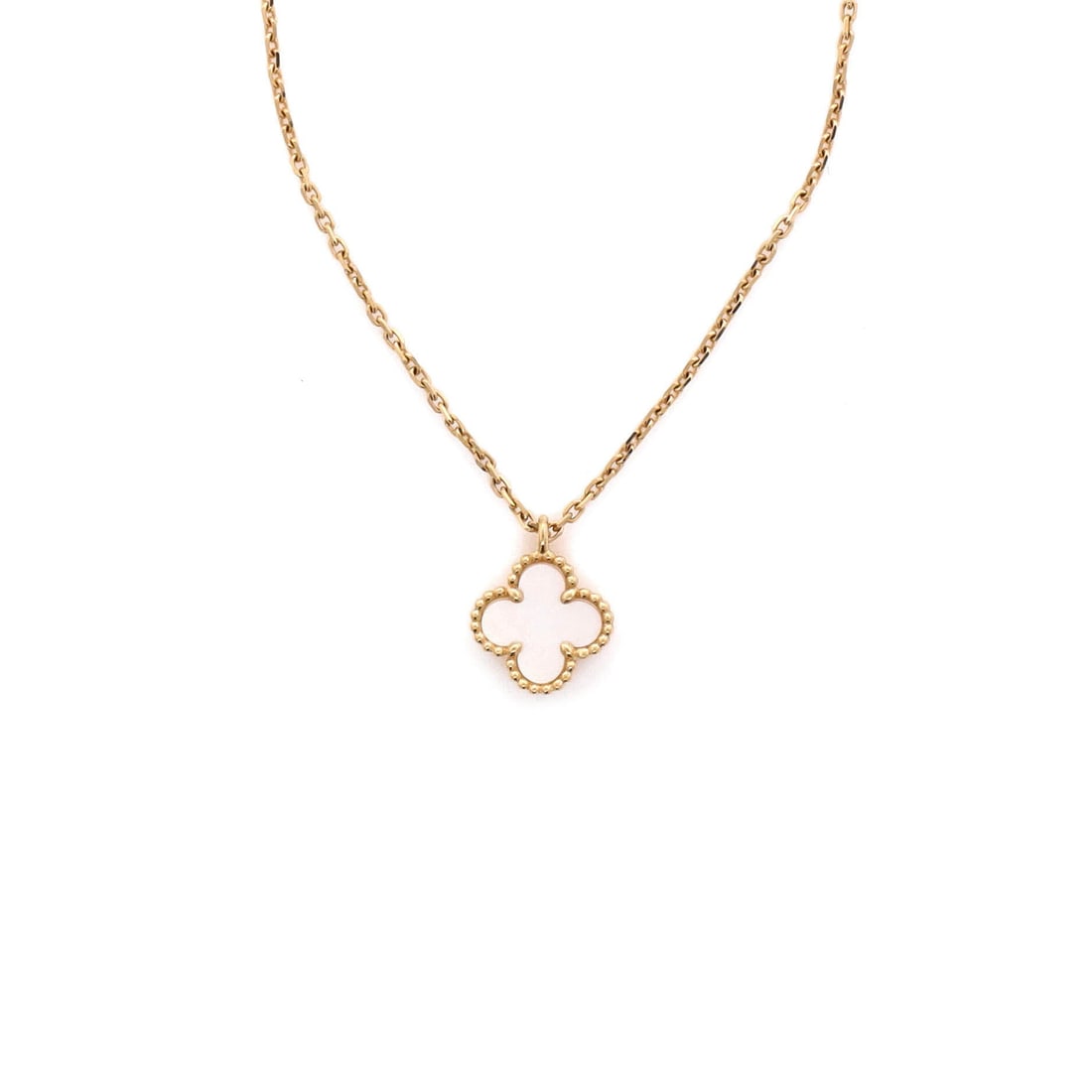 Van Cleef & Arpels Sweet Alhambra Pendant Necklace 18K Yellow Gold and Mother of Pearl: Anchored in yellow gold, the Van Cleef & Arpels Sweet Alhambra Pendant Necklace carries its motif with quiet authority. Worked in 18K Yellow Gold and Mother of Pearl. The drop sits exactly at the spot