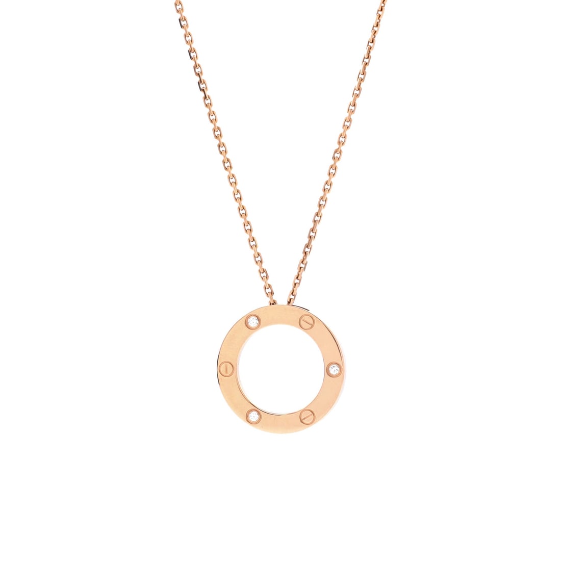 Cartier 3 Diamonds Love Pendant Necklace 18K Rose Gold and Diamonds: Editorial-calm, the Cartier 3 Diamonds Love Pendant Necklace reads with the kind of clean line that holds attention without raising its voice. Worked in 18K Rose Gold and Diamonds. The chain length re