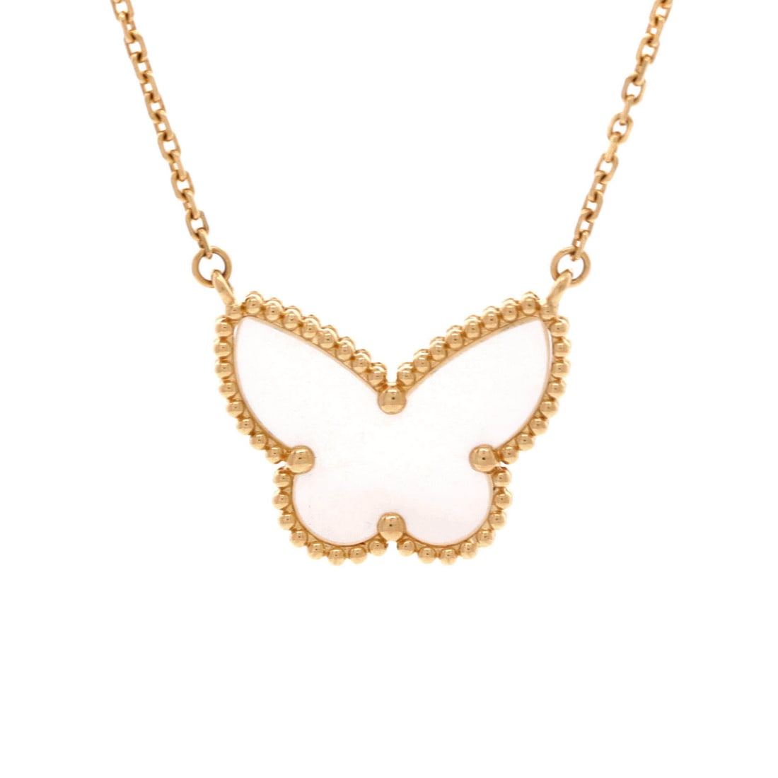 Van Cleef & Arpels Lucky Alhambra Butterfly Pendant Necklace 18K Yellow Gold with Mother of Pearl: Crisply drawn, the Van Cleef & Arpels Lucky Alhambra Butterfly Pendant Necklace threads its motif from clasp to charm with a single fluent gesture. Worked in 18K Yellow Gold with Mother of Pearl. Its 