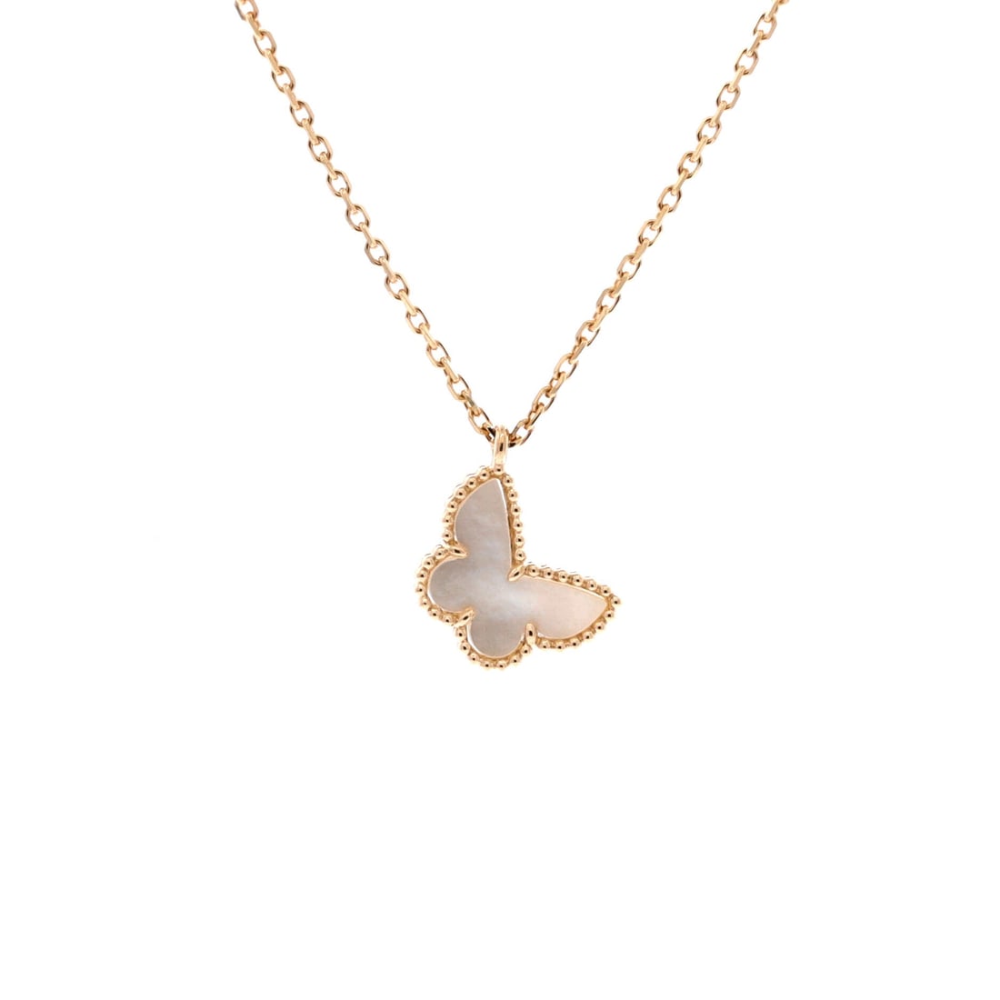 Van Cleef & Arpels Sweet Alhambra Butterfly Pendant Necklace 18K Yellow Gold and Mother of Pearl: Built for the collarbone, the Van Cleef & Arpels Sweet Alhambra Butterfly Pendant Necklace translates a house signature into a wearable line. Worked in 18K Yellow Gold and Mother of Pearl. The chain l