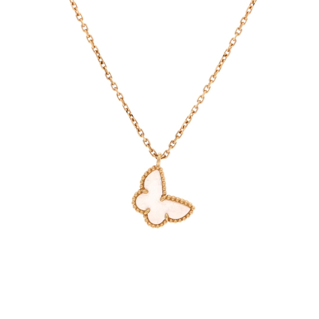 Van Cleef & Arpels Sweet Alhambra Butterfly Pendant Necklace 18K Yellow Gold and Mother of Pearl: Editorial-calm, the Van Cleef & Arpels Sweet Alhambra Butterfly Pendant Necklace carries its motif with quiet authority. Worked in 18K Yellow Gold and Mother of Pearl. The drop sits exactly at the spo
