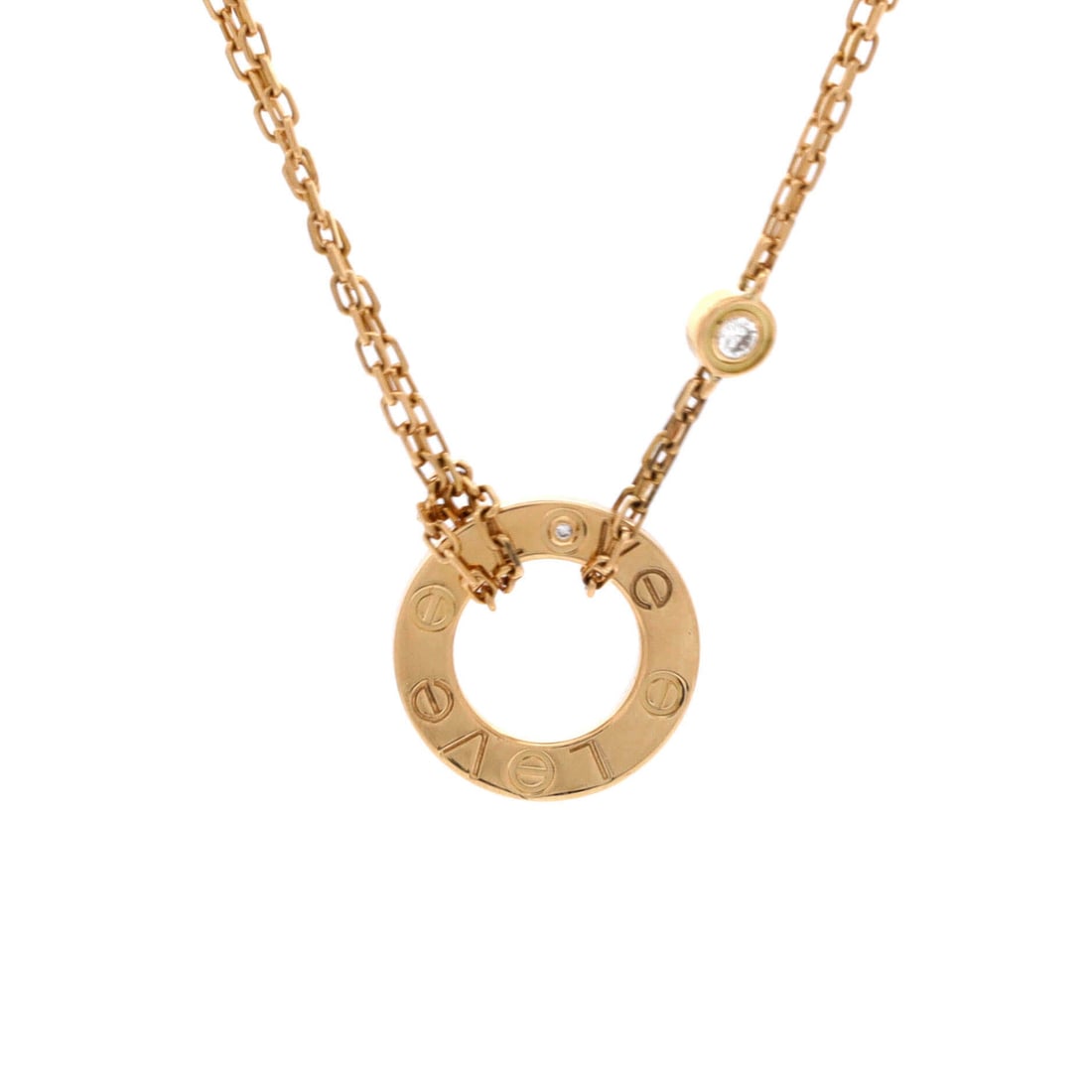 Cartier 2 Diamonds Love Pendant Necklace 18K Yellow Gold and Diamonds: Drawn in rose gold, the Cartier 2 Diamonds Love Pendant Necklace sits exactly where a thoughtful piece is meant to land. Worked in 18K Yellow Gold and Diamonds. Scale-wise it lives in the sweet spot b
