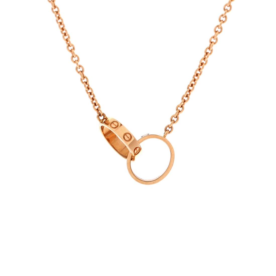 Cartier Love Interlocking Necklace 18K Rose Gold: Rendered in polished metal, the Cartier Love Interlocking Necklace layers chain and ornament with deliberate restraint. Worked in 18K Rose Gold. Scale-wise it lives in the sweet spot between everyday 