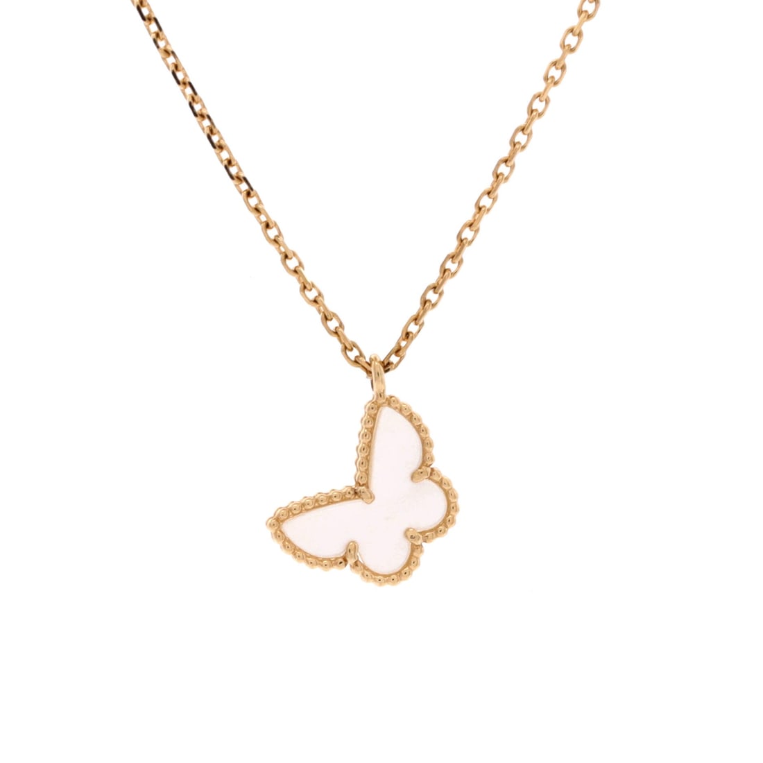 Van Cleef & Arpels Sweet Alhambra Butterfly Pendant Necklace 18K Yellow Gold and Mother of Pearl: Set in yellow gold, the Van Cleef & Arpels Sweet Alhambra Butterfly Pendant Necklace pulls focus to the collarbone with composed restraint. Worked in 18K Yellow Gold and Mother of Pearl. Its proportio
