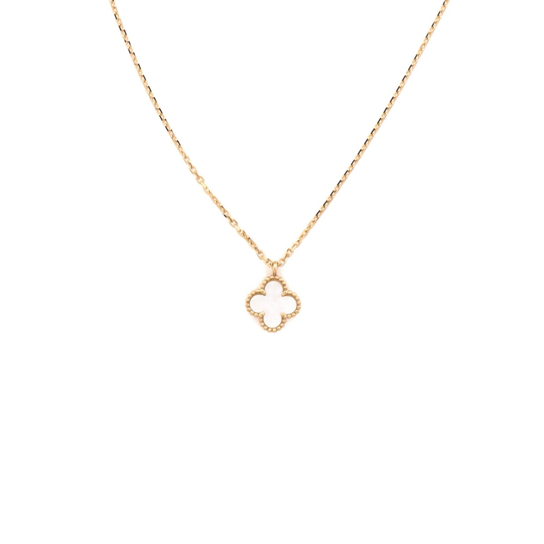 Van Cleef & Arpels Sweet Alhambra Pendant Necklace 18K Yellow Gold and Mother of Pearl: Crisply drawn, the Van Cleef & Arpels Sweet Alhambra Pendant Necklace threads its motif from clasp to charm with a single fluent gesture. Worked in 18K Yellow Gold and Mother of Pearl. Its proportions