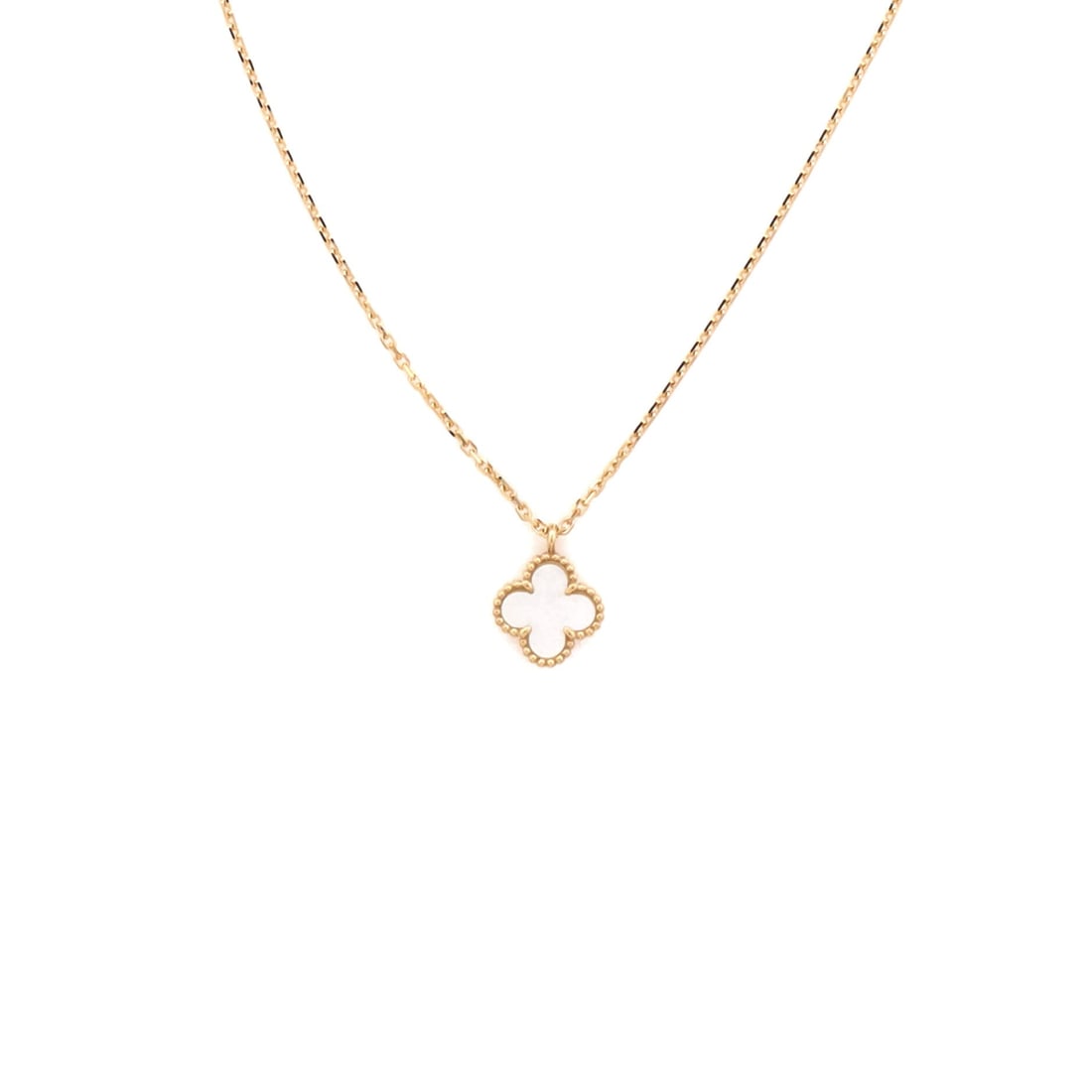 Van Cleef & Arpels Sweet Alhambra Pendant Necklace 18K Yellow Gold and Mother of Pearl: Cast in yellow gold, the Van Cleef & Arpels Sweet Alhambra Pendant Necklace positions its centerpiece exactly where the eye lands first. Worked in 18K Yellow Gold and Mother of Pearl. The chain length