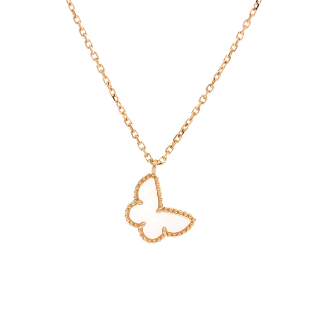 Van Cleef & Arpels Sweet Alhambra Butterfly Pendant Necklace 18K Yellow Gold and Mother of Pearl: Crisply drawn, the Van Cleef & Arpels Sweet Alhambra Butterfly Pendant Necklace sits with elegant intent against the collarbone. Worked in 18K Yellow Gold and Mother of Pearl. The chain length reads a