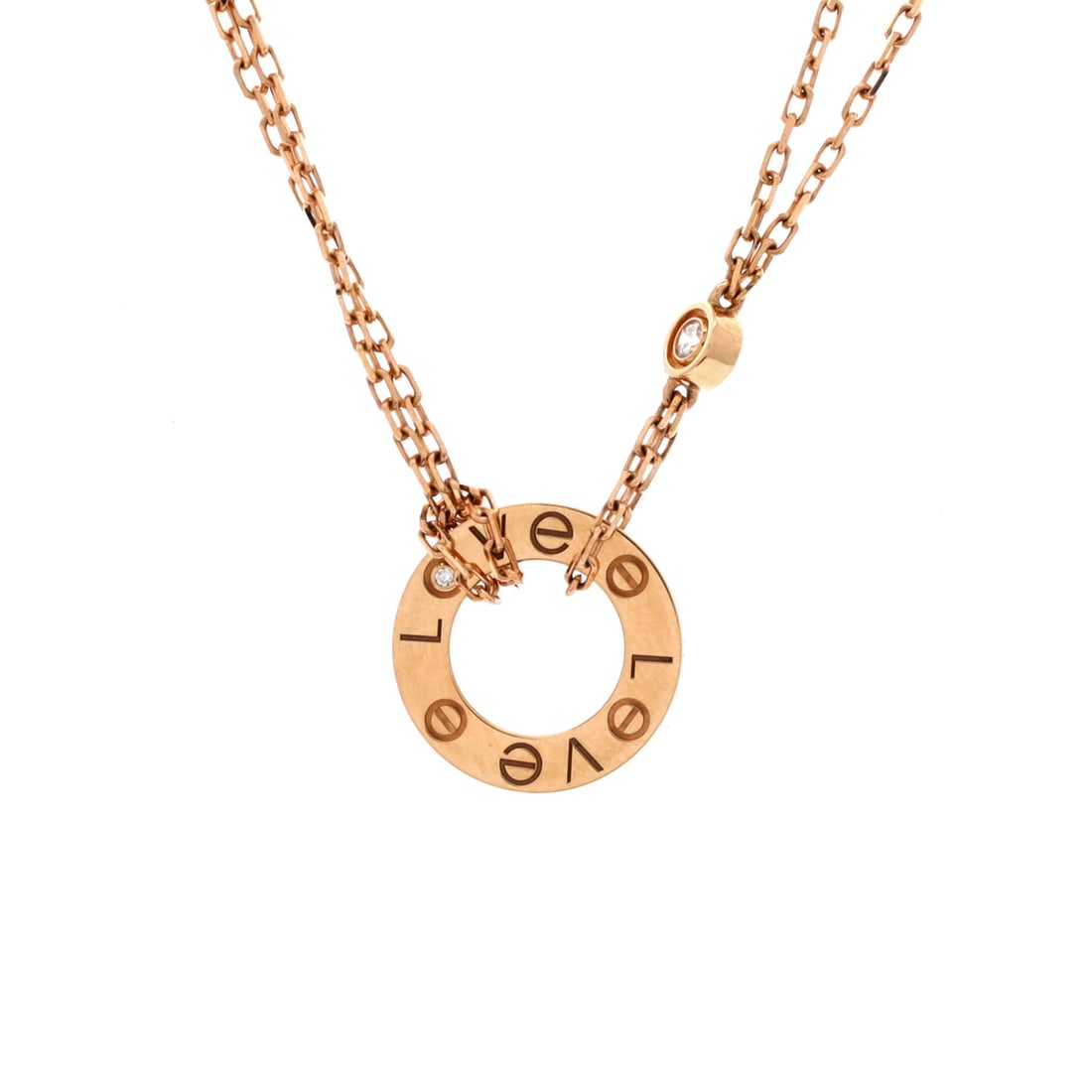 Cartier 2 Diamonds Love Pendant Necklace 18K Rose Gold and Diamonds: Editorial-calm, the Cartier 2 Diamonds Love Pendant Necklace layers chain and ornament with deliberate restraint. Worked in 18K Rose Gold and Diamonds. Scale-wise it lives in the sweet spot between ev
