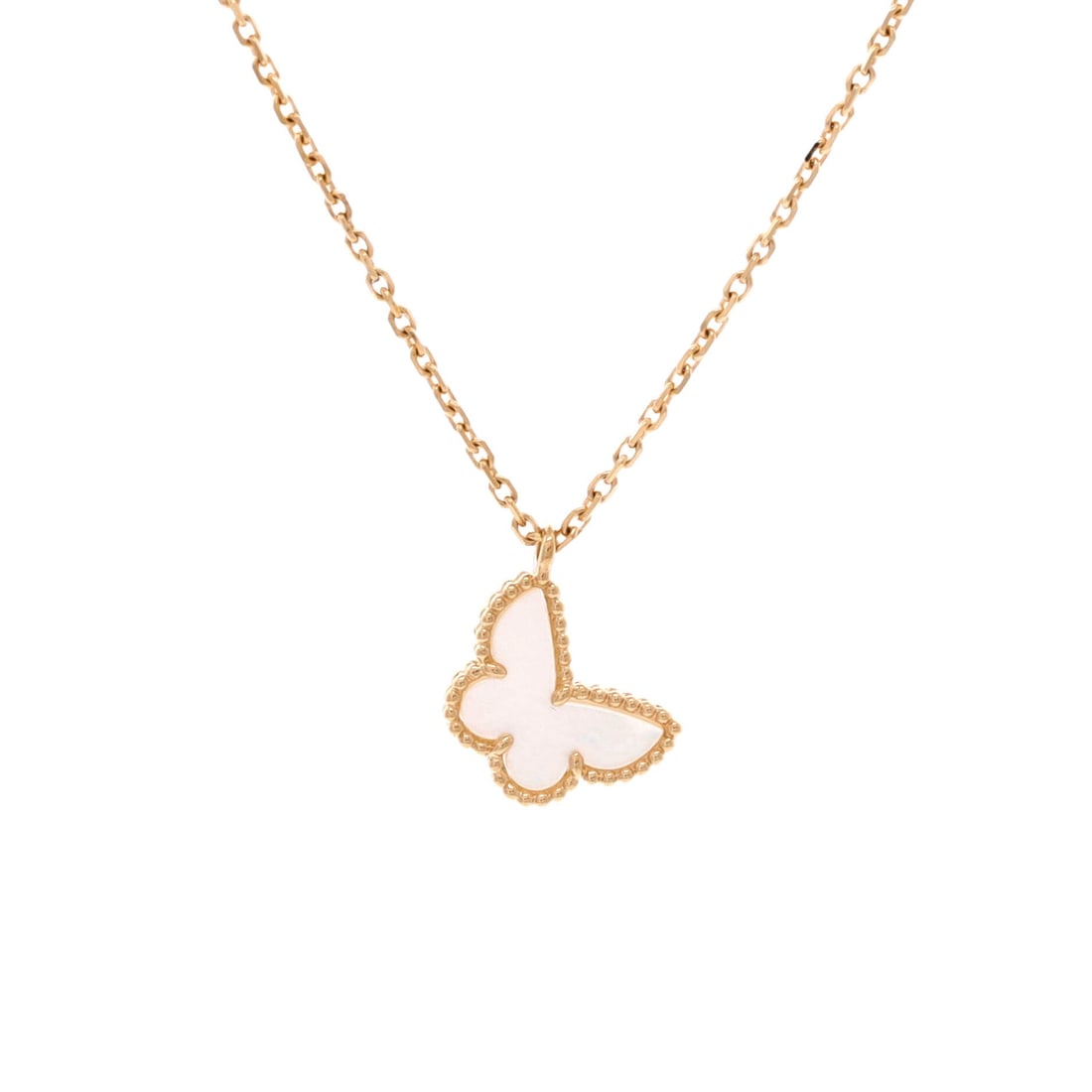 Van Cleef & Arpels Sweet Alhambra Butterfly Pendant Necklace 18K Yellow Gold and Mother of Pearl: Worked in yellow gold, the Van Cleef & Arpels Sweet Alhambra Butterfly Pendant Necklace sits with elegant intent against the collarbone. Worked in 18K Yellow Gold and Mother of Pearl. The chain length