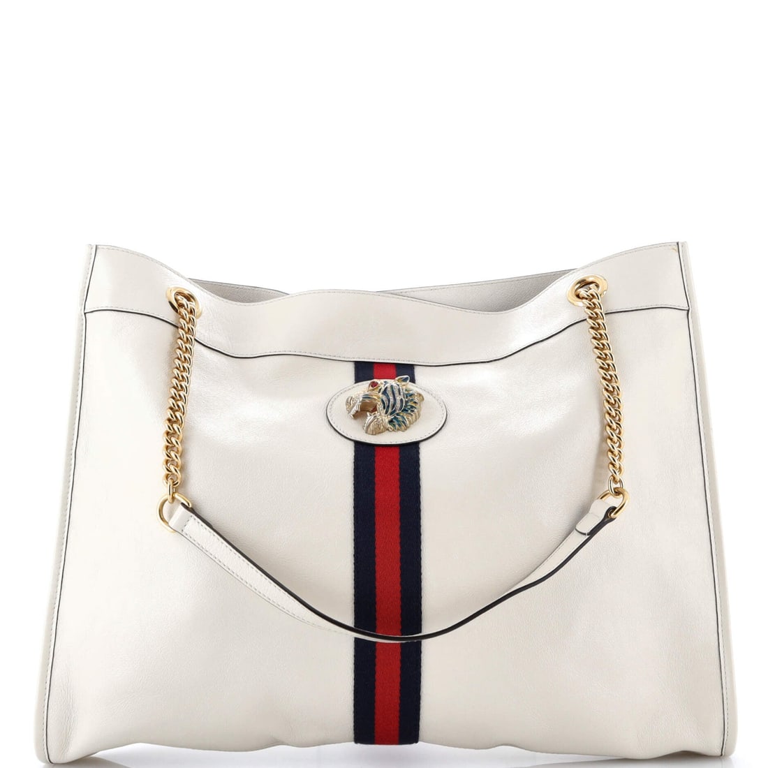 Gucci Rajah Chain Tote Leather Large: Sculpted along the recognizable lines of the Gucci Rajah Chain Tote, the silhouette holds its profile with characteristic discipline. The neutral colorway sits richly across the surface, holding the s