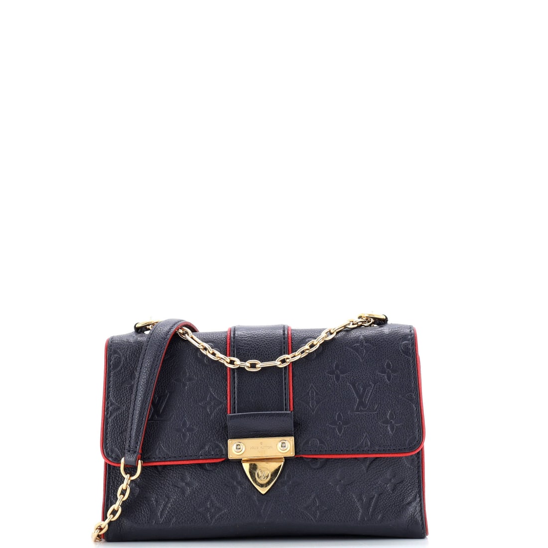 Louis Vuitton Saint Sulpice Handbag Monogram Empreinte Leather PM: The Louis Vuitton Saint Sulpice Handbag's hardware sets the tone, calibrated to the signature balance between gleam and restraint. In blue, the silhouette reads modern without effort, finished in