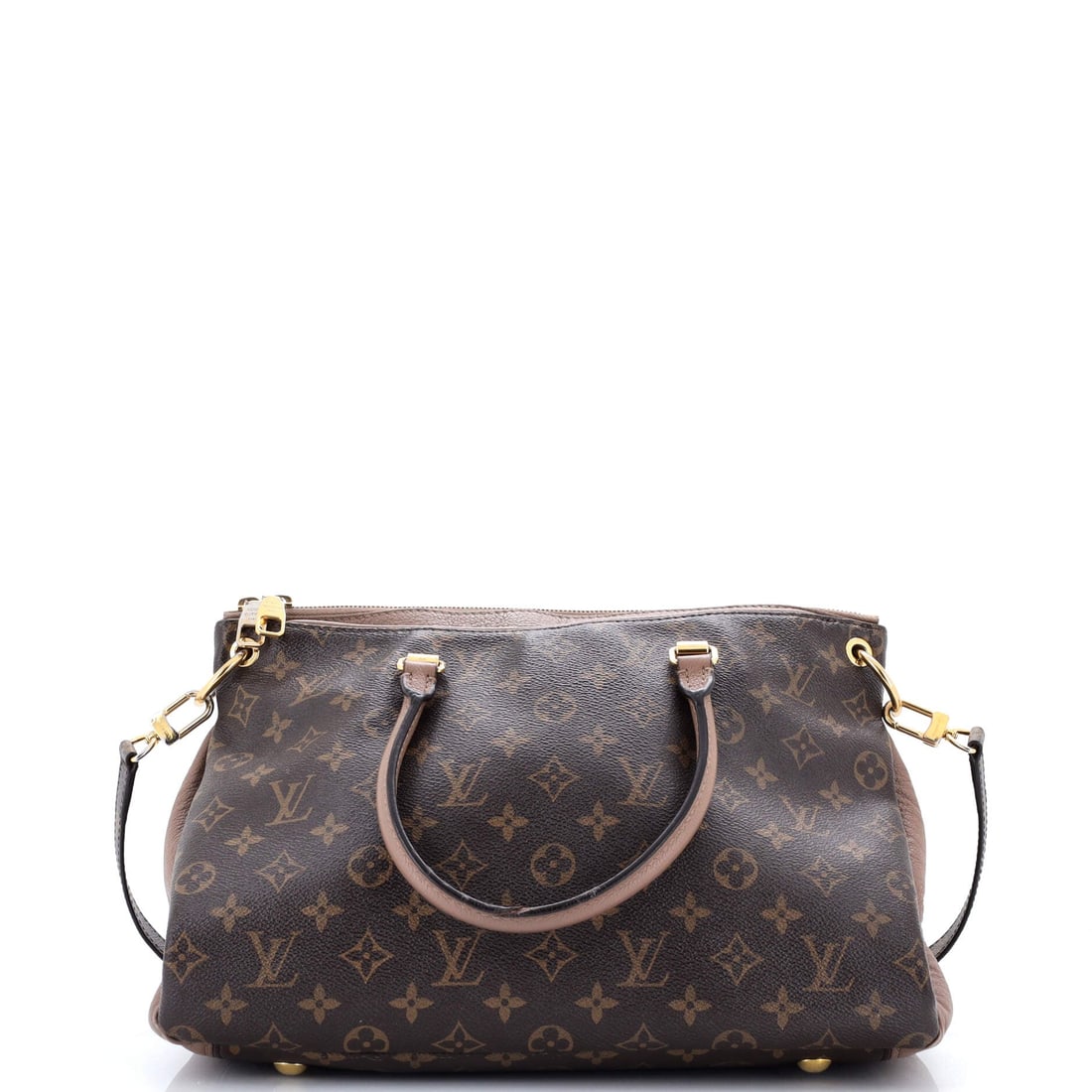 Louis Vuitton Pallas Tote Monogram Canvas with Leather BB: Built around the Louis Vuitton Pallas Tote outline, the shape carries the squared, settled posture the house returns to season after season. A luminous brown palette carries the read, rendered in