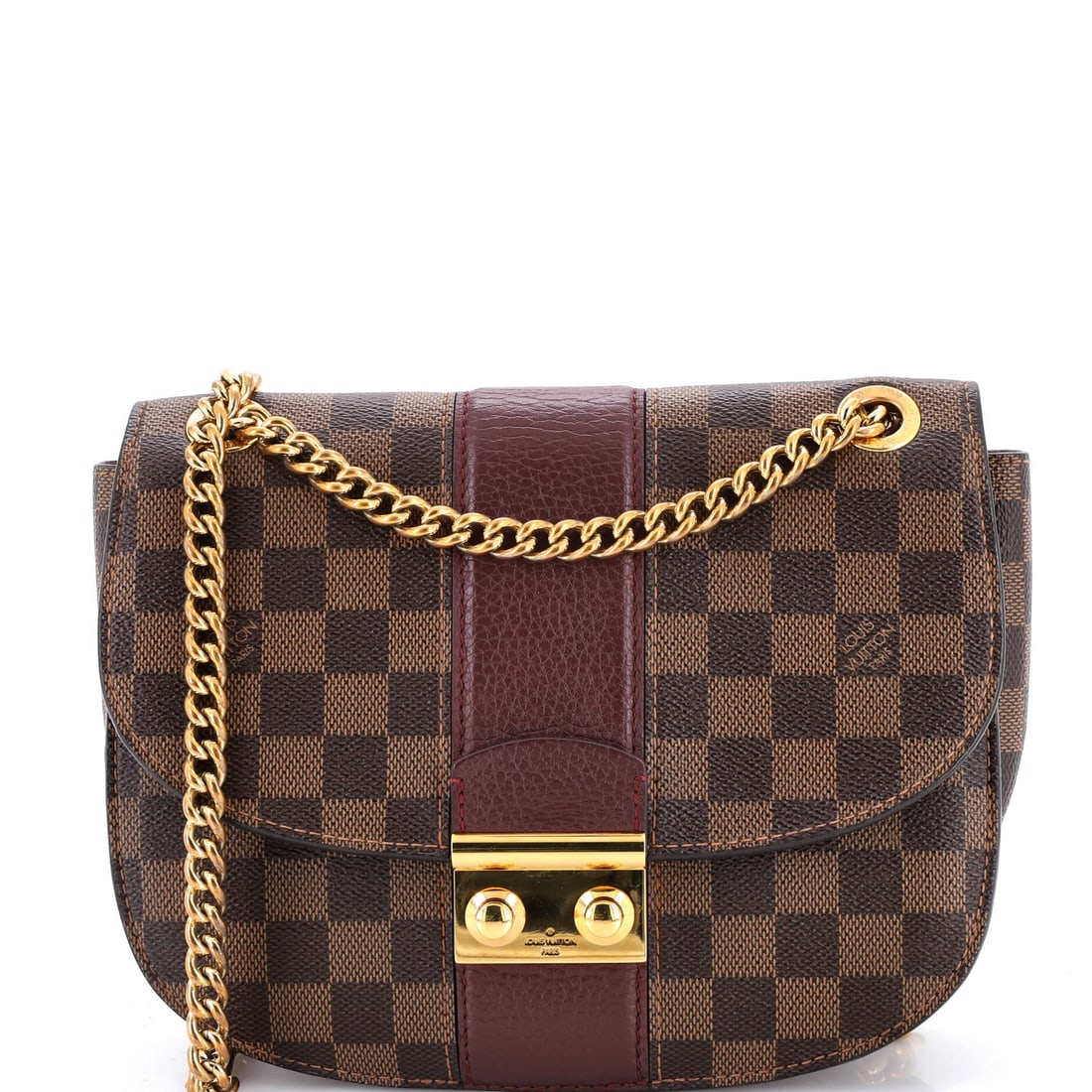 Louis Vuitton Wight Handbag Damier with Leather: Open the Louis Vuitton Wight Handbag and the pocketing is the first thing you notice, the kind of interior that takes structure seriously. Cast in a saturated brown, drawn in Damier, Vuitton's