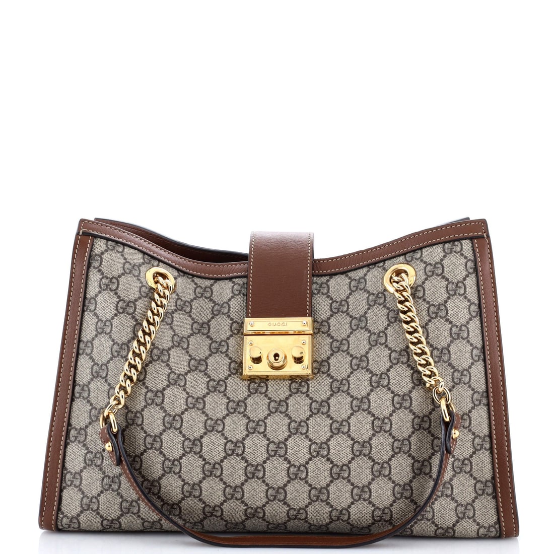Gucci Padlock Chain Tote GG Coated Canvas with Leather Medium: Gucci's Padlock Chain Tote reads as a working chapter in the house catalog, carrying forward the silhouette logic the line has been refining for years. The brown colorway sits richly across the