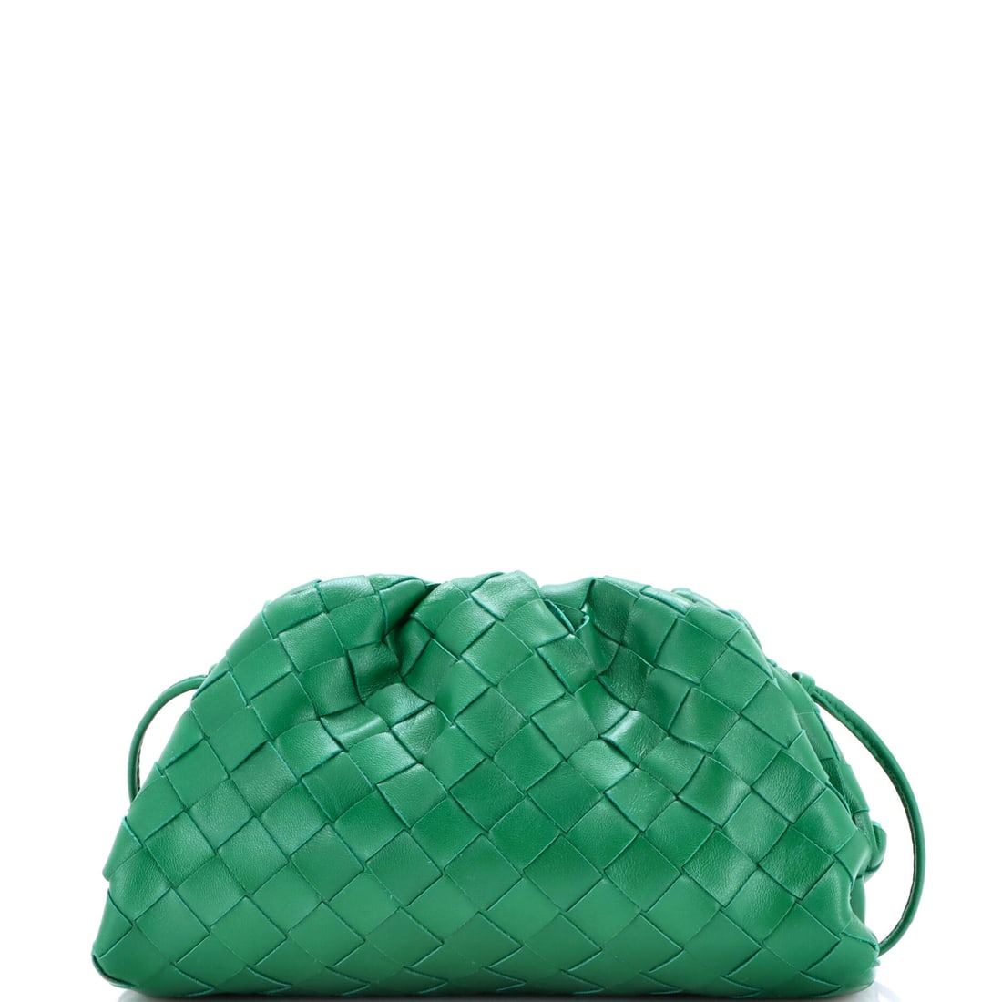 Bottega Veneta The Pouch Intrecciato Nappa Mini: On this Bottega Veneta The Pouch, the hardware reads as the architectural anchor, the same finish that carries across the rest of the line. A luminous green palette carries the read, finished in