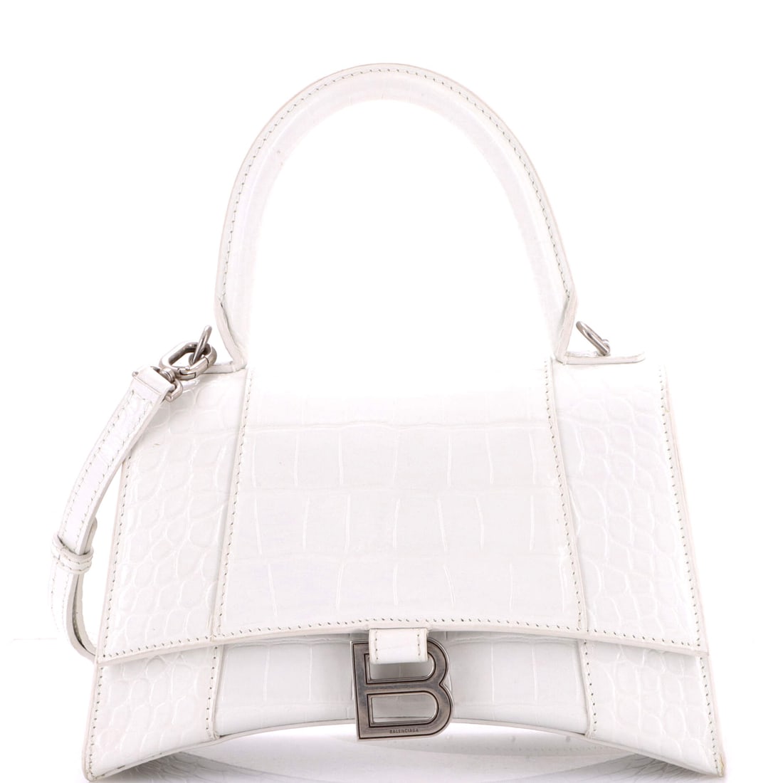 Balenciaga Hourglass Top Handle Bag Crocodile Embossed Leather Small: An unmistakable Balenciaga signature on this Hourglass Top Handle Bag, the outline drawn with the precision that separates a house bag from a copy. A luminous white palette carries the read, rendered 