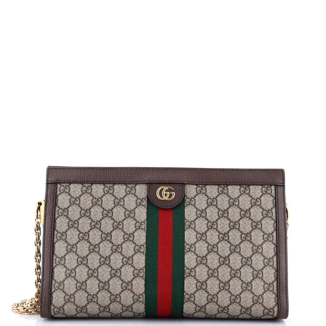 Gucci Ophidia Chain Shoulder Bag GG Coated Canvas Medium: Among the Gucci catalog, the Ophidia Chain Shoulder Bag occupies a settled place, a silhouette that arrived already finished. The brown colorway sits richly across the surface, finished in coated canv