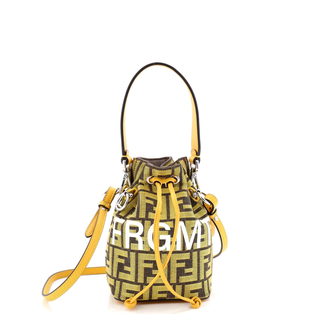 Fendi x FRGMT Mon Tresor Bucket Bag Zucca Canvas Mini: Fendi's x FRGMT Mon Tresor Bucket Bag relies on the particular hand of zucca canvas, the surface registering light differently across the curve. A clean, editorial yellow pulls the eye first, calibrat