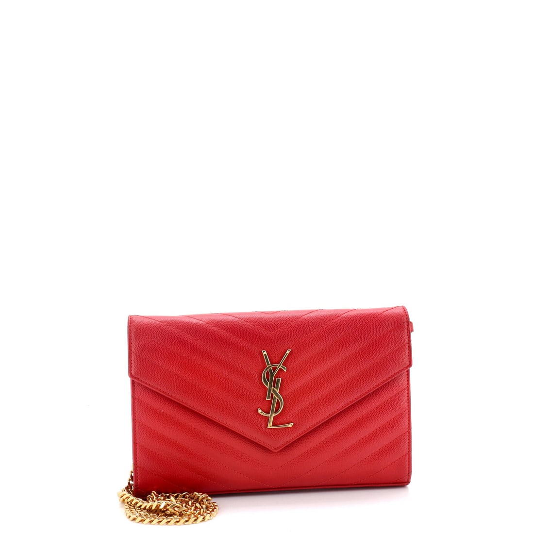 Saint Laurent Classic Monogram Wallet on Chain Matelasse Chevron Leather Medium: The proportions place this Saint Laurent Classic Monogram Wallet on Chain in the house's everyday wing rather than its statement or evening territory. Cast in a saturated red, cut from matelasse, the 