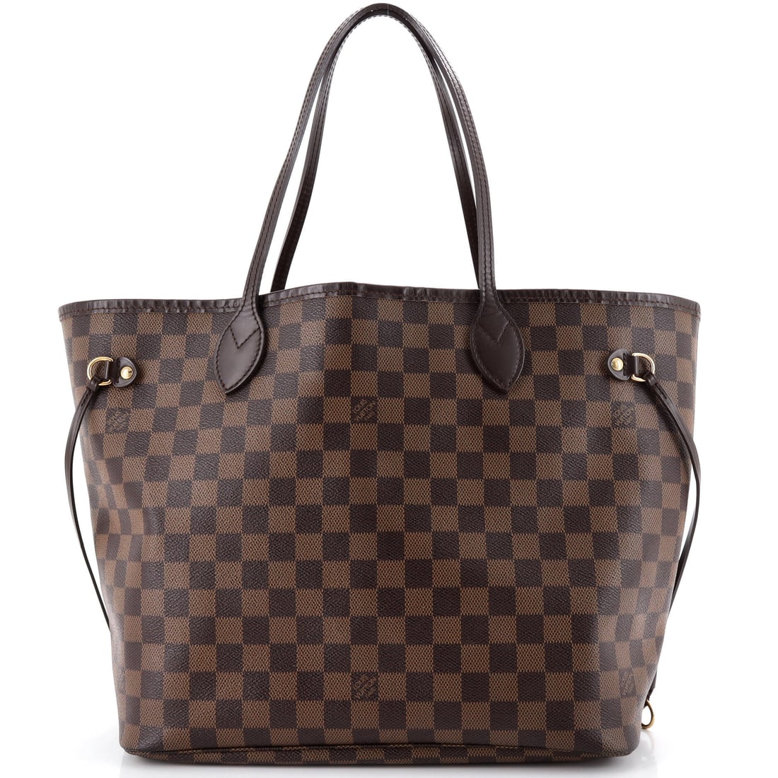 Louis Vuitton Neverfull Tote Damier MM: Open the Louis Vuitton Neverfull Tote and the pocketing is the first thing you notice, the kind of interior that takes structure seriously. Cast in a saturated brown, drawn in Damier, Vuitton's checke